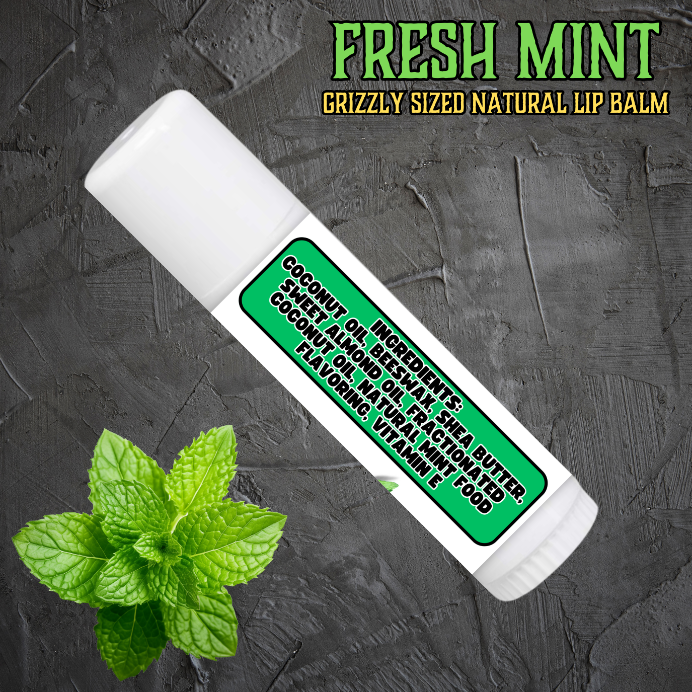 Fresh Mint Grizzly-Sized Lip Balm Stick – Organic Beeswax, Shea Butter, Almond Oil, Coconut Oil, Vitamin E