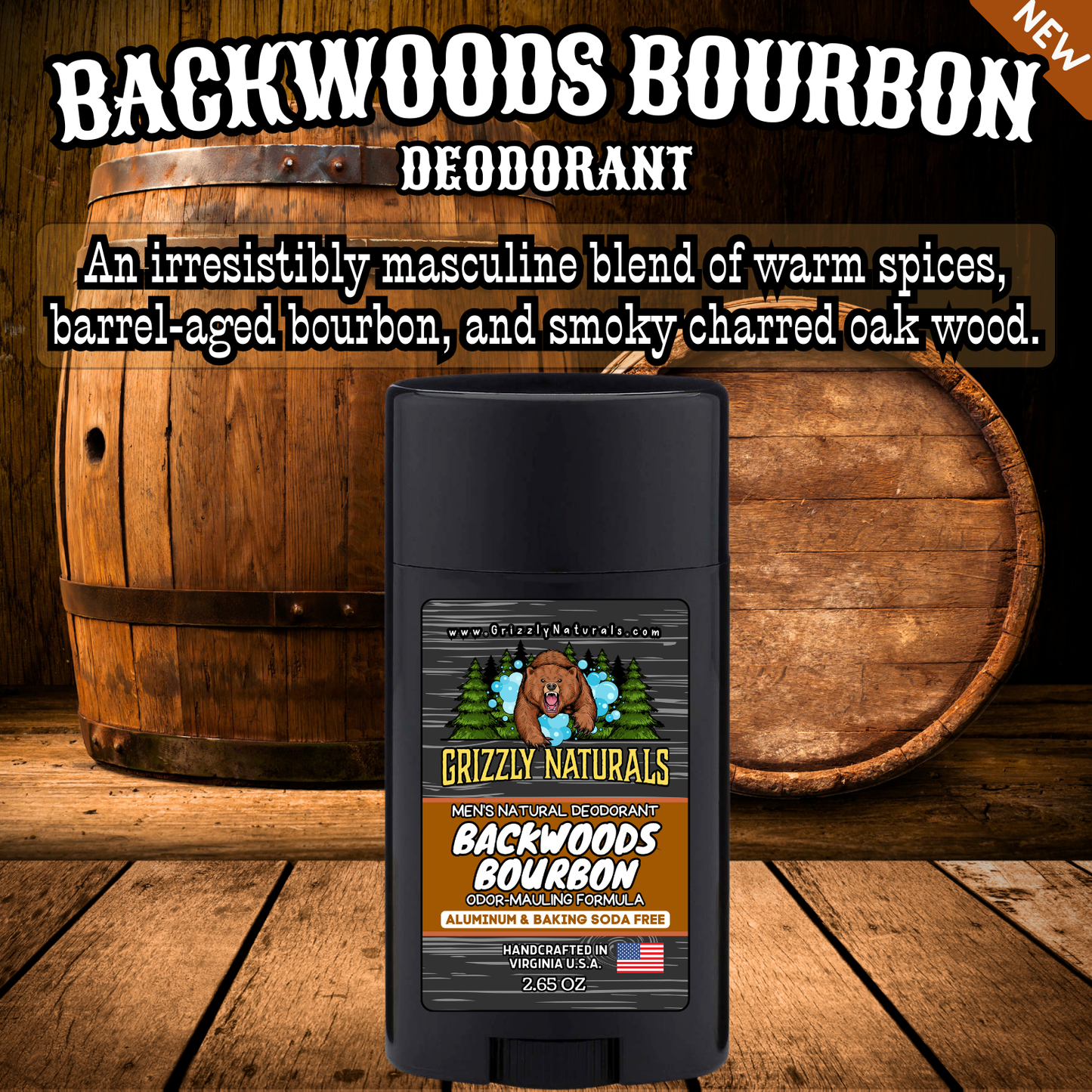 Backwoods Bourbon natural deodorant stick by Grizzly Naturals, placed on a wooden barrel inside a bourbon distillery.