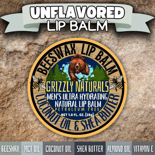Unflavored Beeswax Lip Balm With Shea Butter, Almond Oil, Coconut Oil, Vitamin E - Grizzly Naturals Soap Company