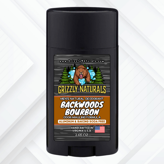Backwoods Bourbon natural deodorant stick by Grizzly Naturals, with clean white background