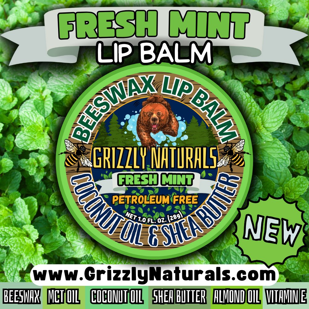 Fresh Mint - Beeswax Lip Balm With Shea Butter, Almond Oil, Coconut Oil, Vitamin E, and Natural Flavor - Grizzly Naturals Soap Company