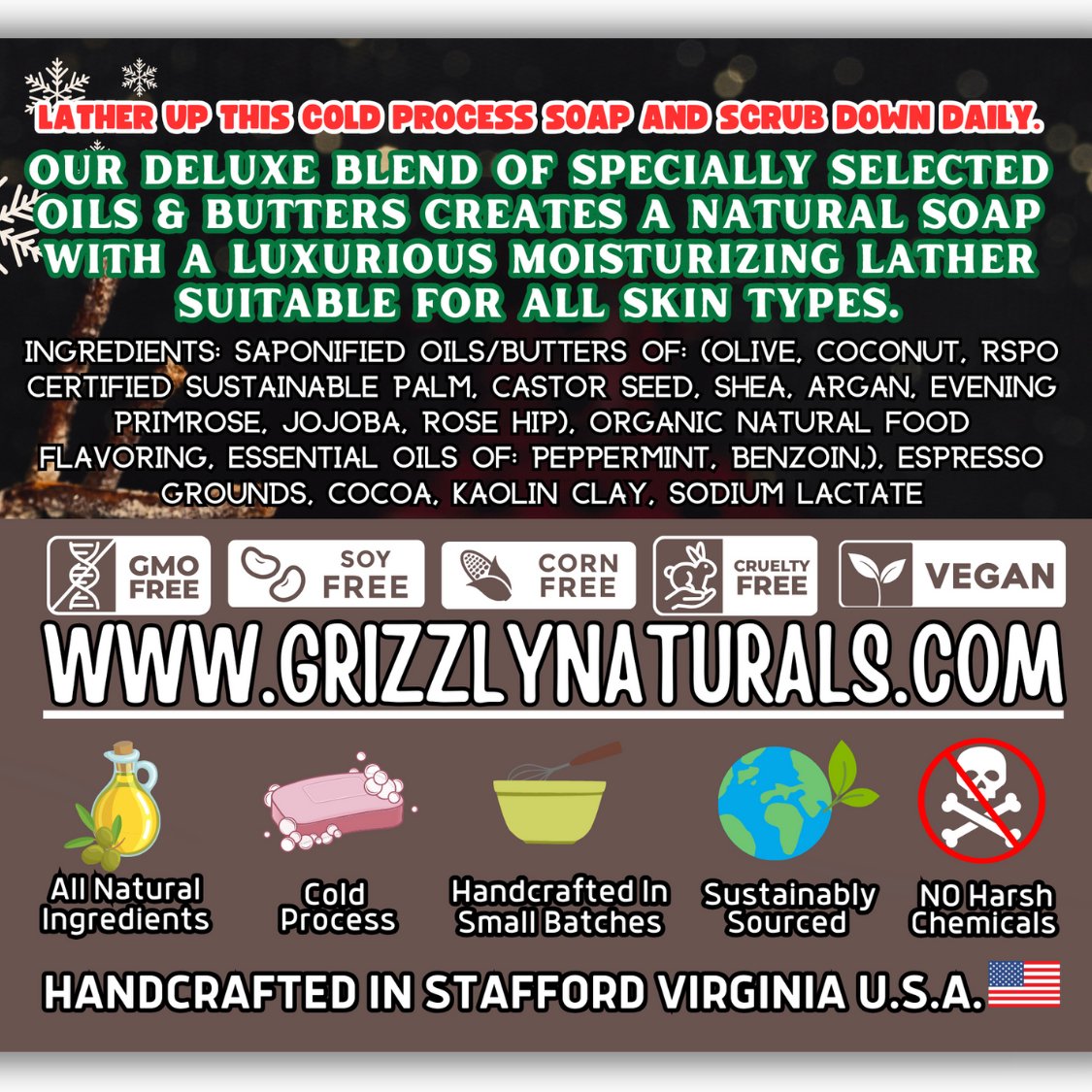 Frosty's Mint Mocha - BAR SOAP - Light Grit - Limited Edition - Discounted Extra Inventory - Grizzly Naturals Soap Company