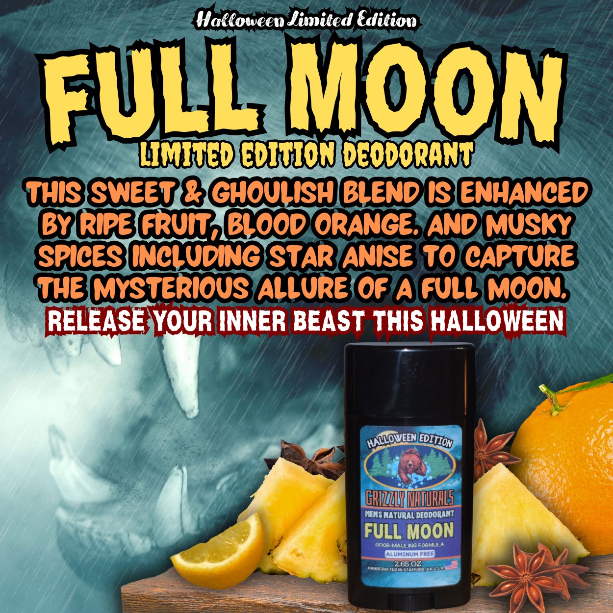 HALFWAY TO HALLOWEEN - Full Moon - DEODORANT - Grizzly Naturals Soap Company