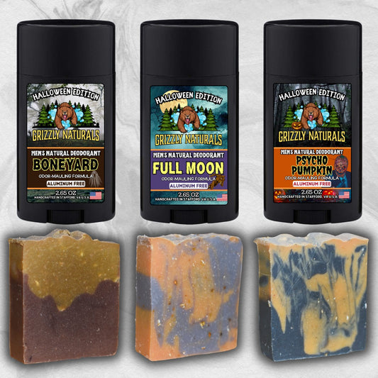 HALFWAY TO HALLOWEEN SOAP AND DEODORANT BUNDLE - Boneyard, Full Moon, and Psycho Pumpkin - Grizzly Naturals Soap Company